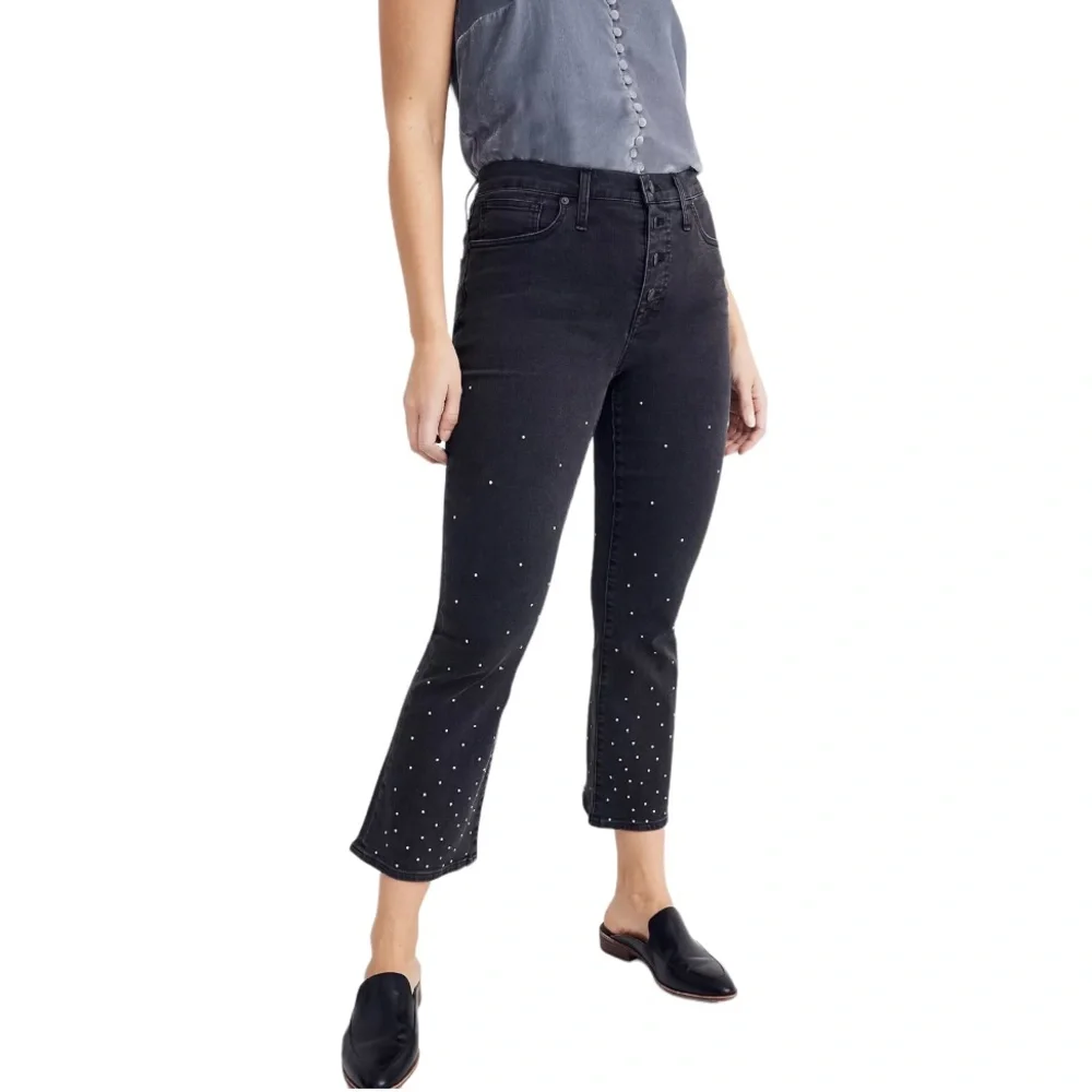 Madewell Cali Demi Boot Scattered Metallic Dots Edition Black Button Fly Jeans